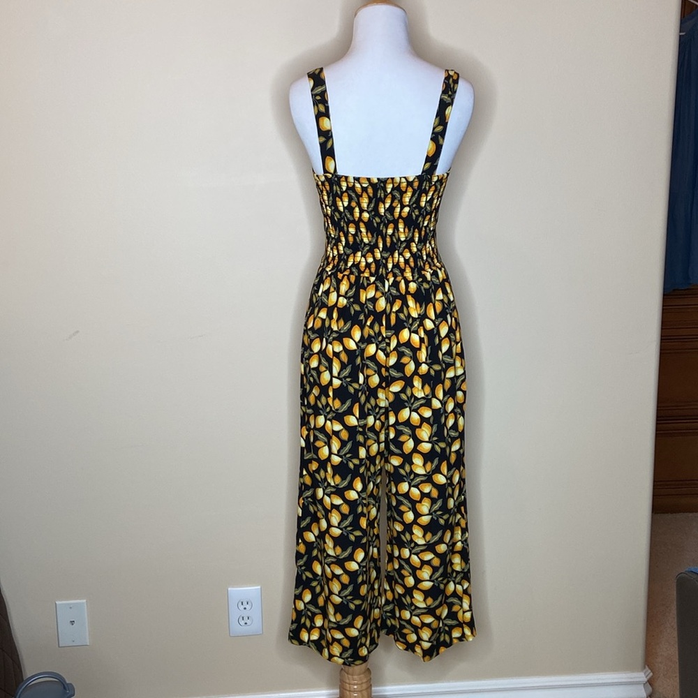 NWOT LOFT black w/🍋 jumpsuit, button front, elastic ruching back, size XS. CUTE - Picture 8 of 9